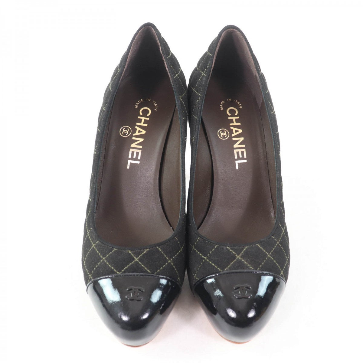 CHANEL pumps G28759 Enamel xCanvas black Matrasse quilting COCO Mark Women 36 1/2C