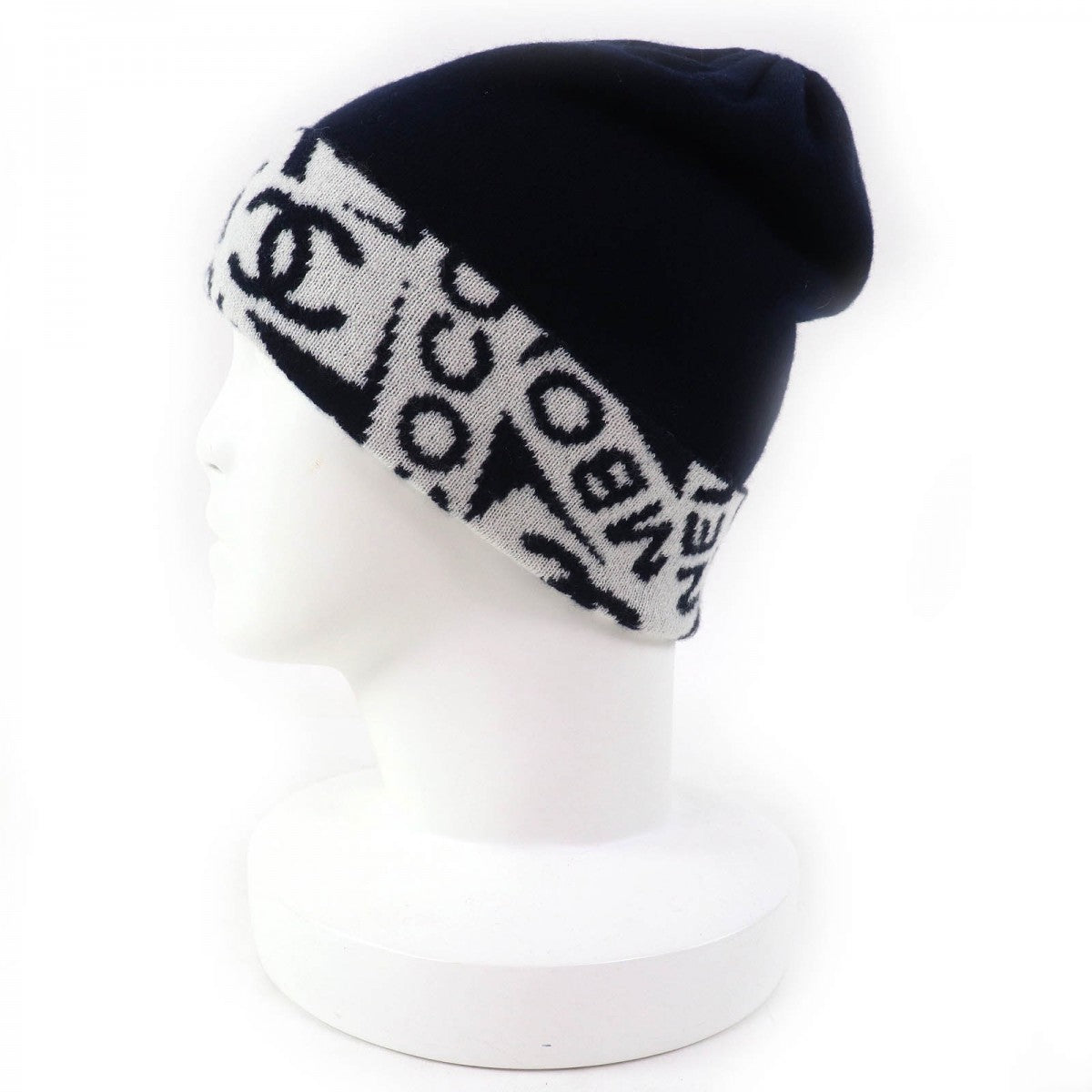 CHANEL Knit cap cashmere Navy white