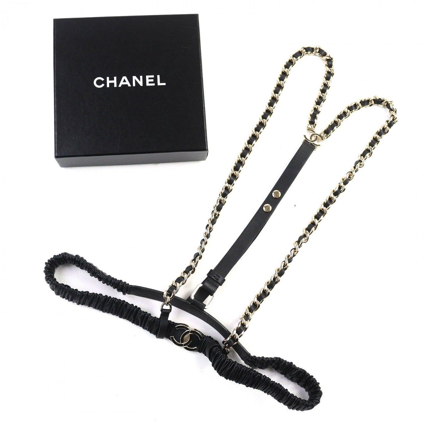 CHANEL suspenders 22C leather black 80/32