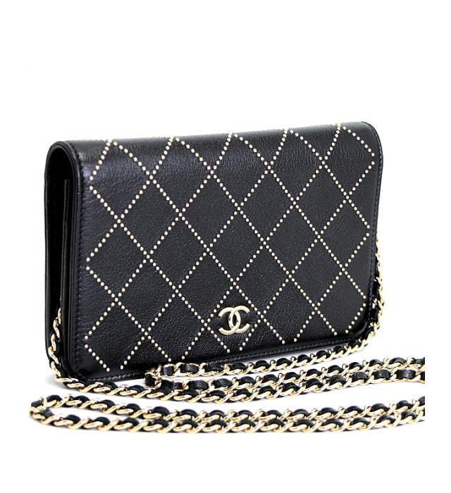 Chanel Chain Wallet Studs Black Leather G Metal Fittings