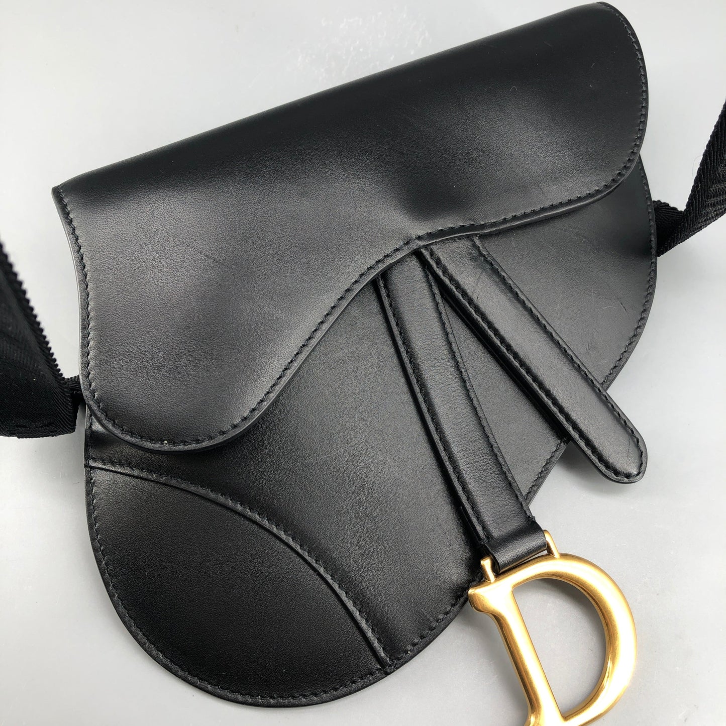 Christian Dior Smooth Black Leather Saddle Waist Belt Bag