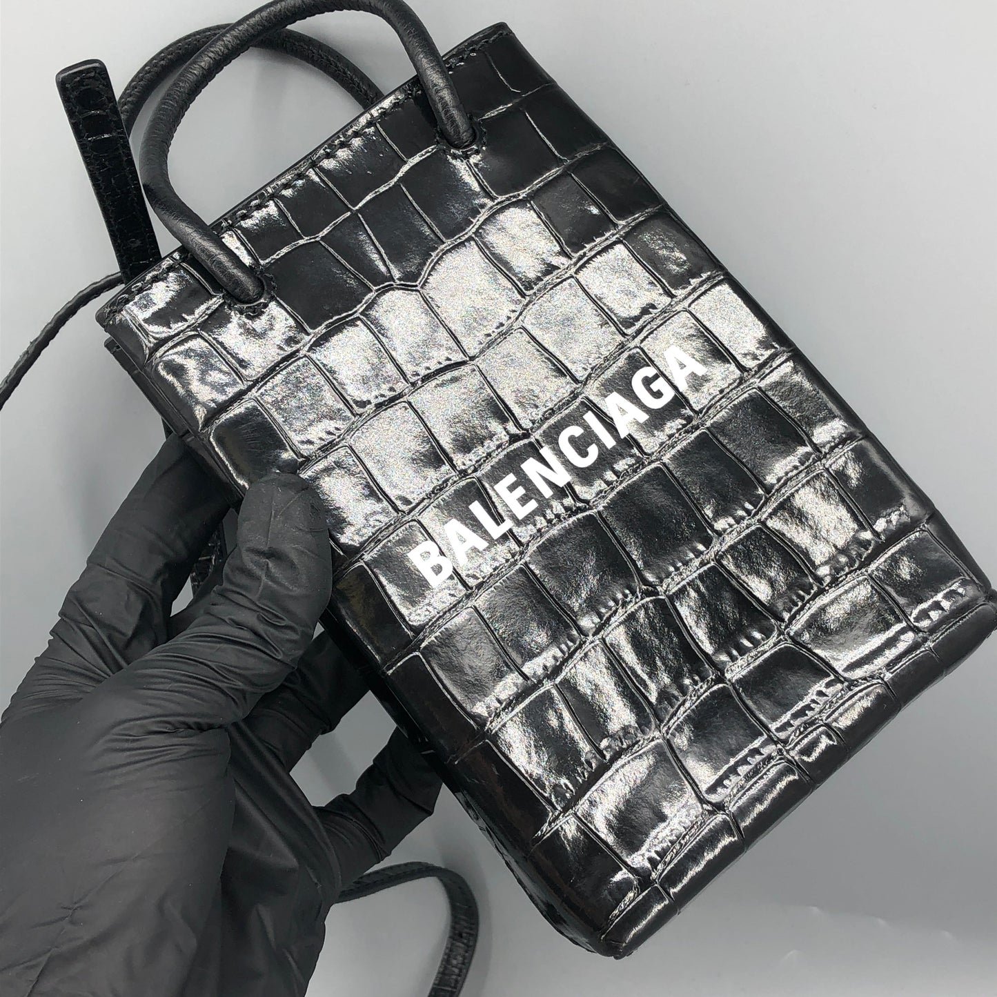Balenciaga Logo Embossed Crocodile Embossed Leather Mini Vertical Phone Bag Black