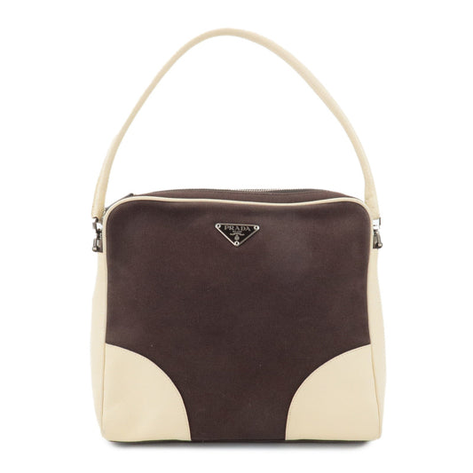 PRADA Triangle Logo Canvas Leather Shoulder Bag Brown Ivory
