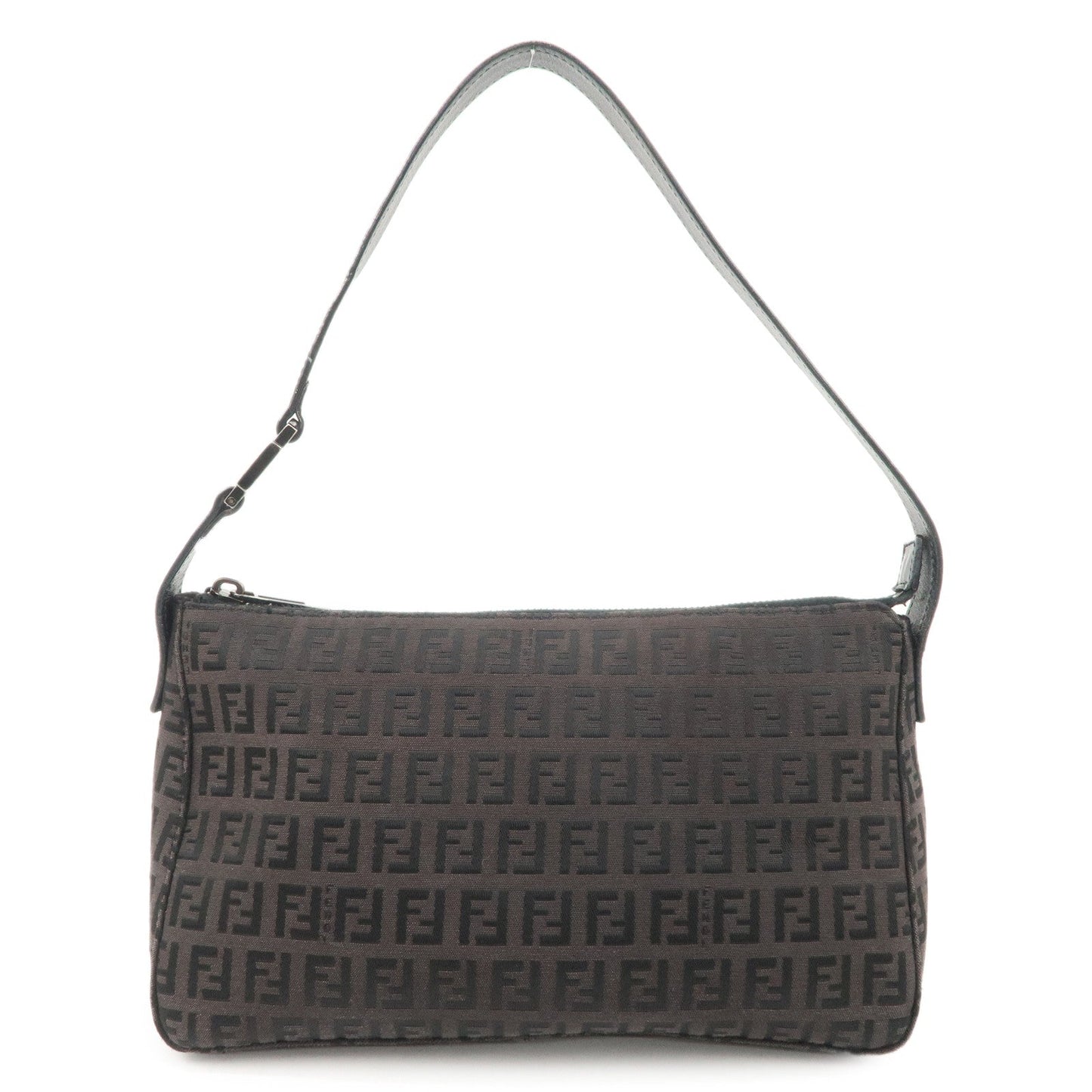 FENDI Zucchino Canvas Leather Shoulder Bag Dark Brown 8BR444