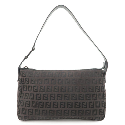 FENDI Zucchino Canvas Leather Shoulder Bag Dark Brown 8BR444
