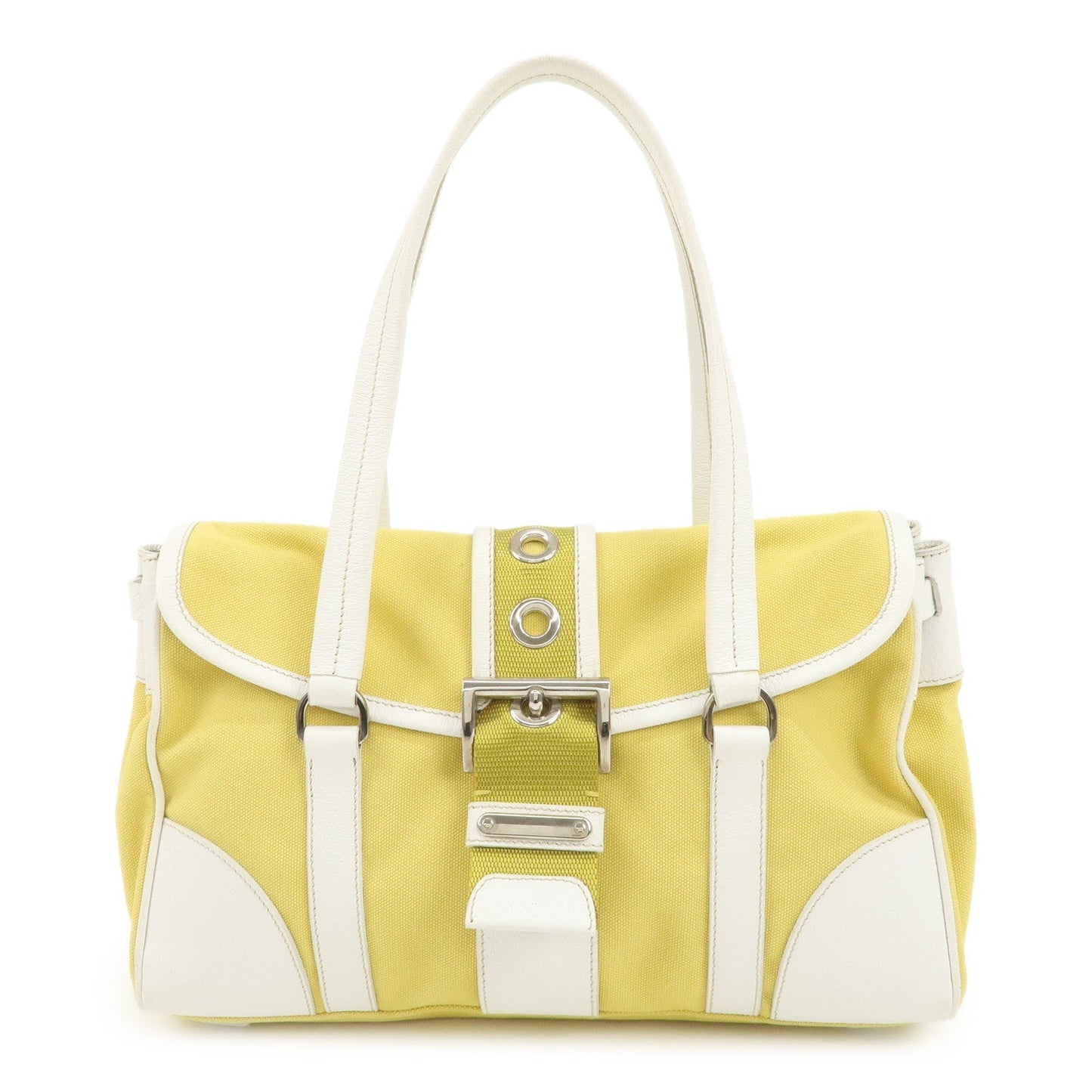 PRADA Triangle Logo Canvas Leather Shoulder Bag Yellow Silver HDW