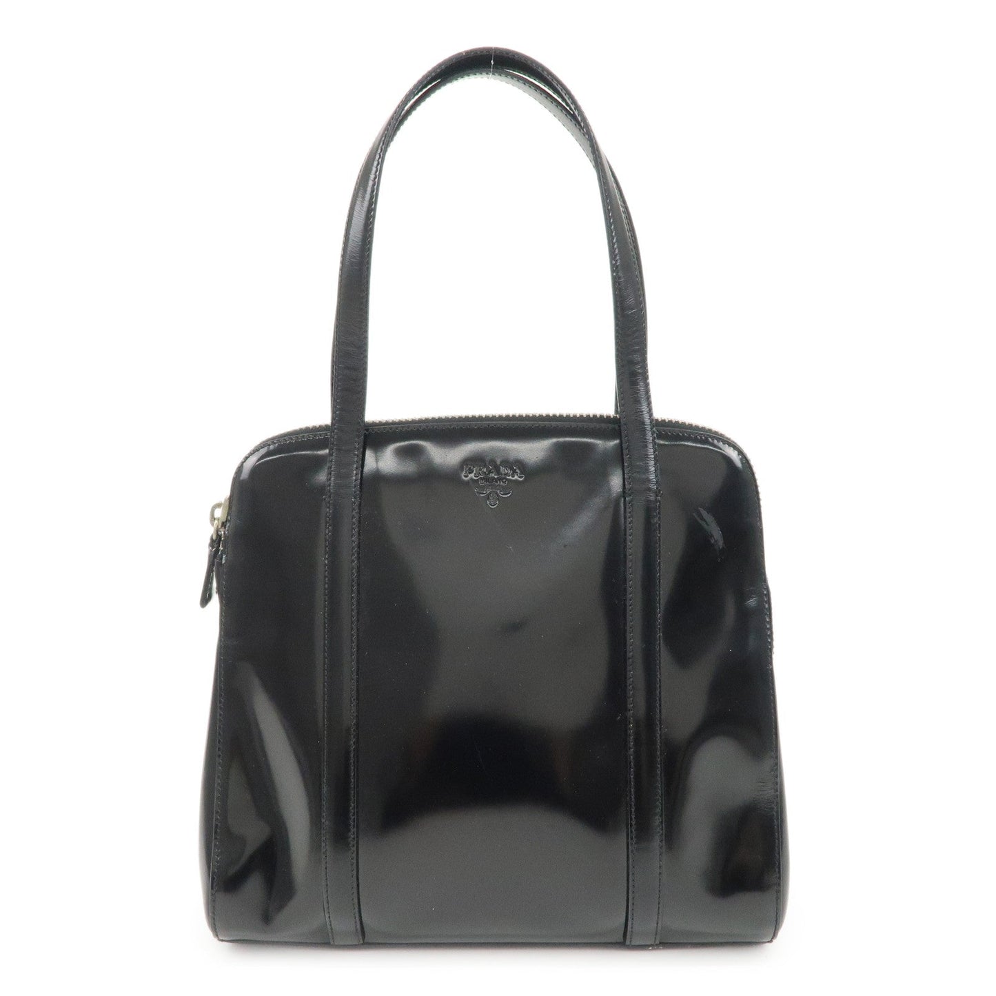 PRADA Patent Leather Tote Bag Hand Bag Black Silver HDW