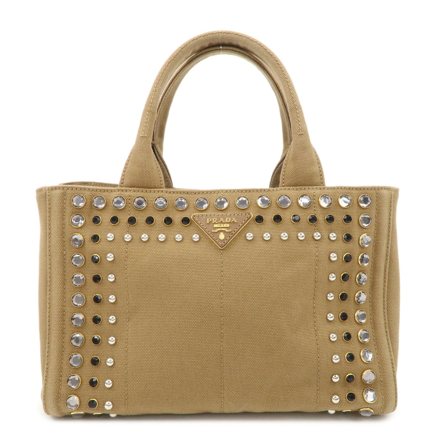 PRADA Logo Canapa Canvas Bijou Studs 2Way Hand Tote Bag Brown