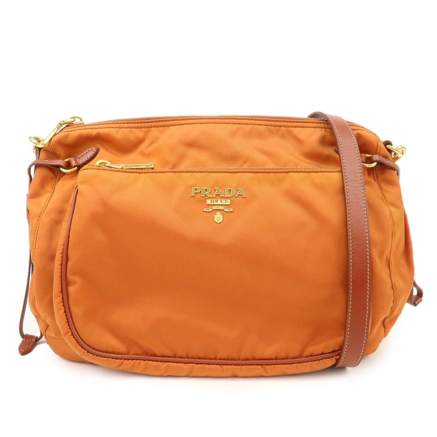 PRADA Logo Nylon Leather Shoulder Bag Gold Hardware Orange