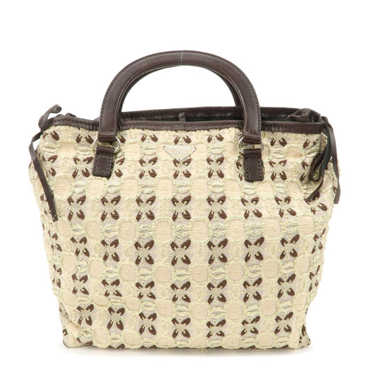 PRADA Tweed Flower Embroidery Tote Bag Beige Gold Dark Brown