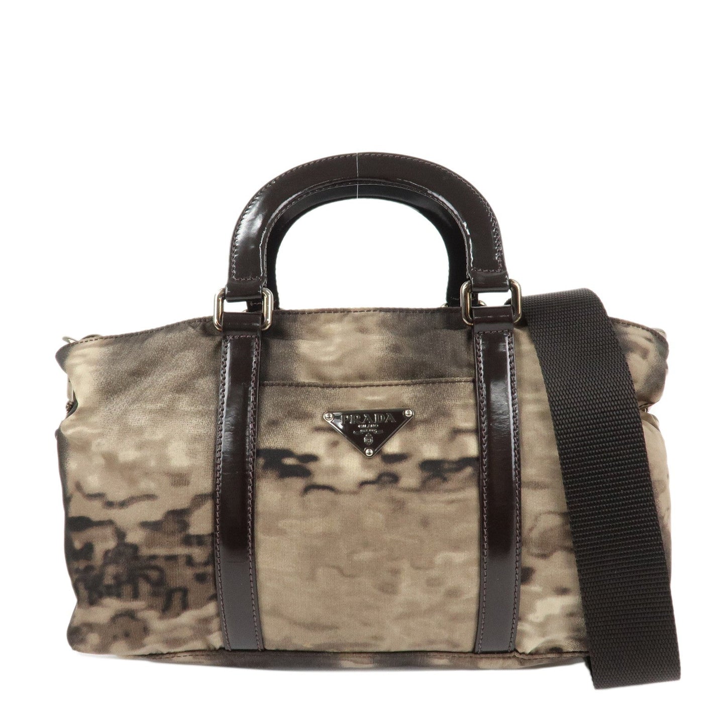 PRADA Nylon Patent Leather 2Way Bag Beige Black Dark Brown