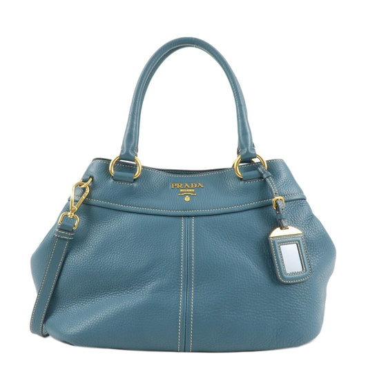 PRADA Leather 2Way Bag Hand Bag Shoulder Bag Blue Gold HDW