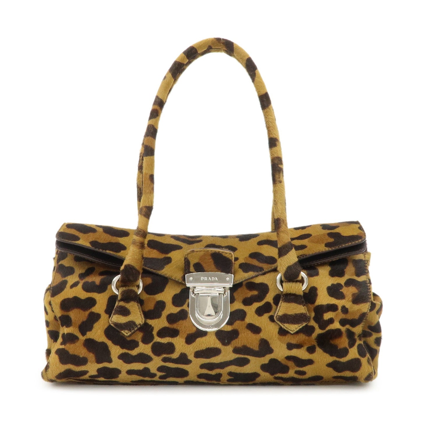 PRADA Logo Unborn Calf Leopard Shoulder Bag Hand Bag Brown