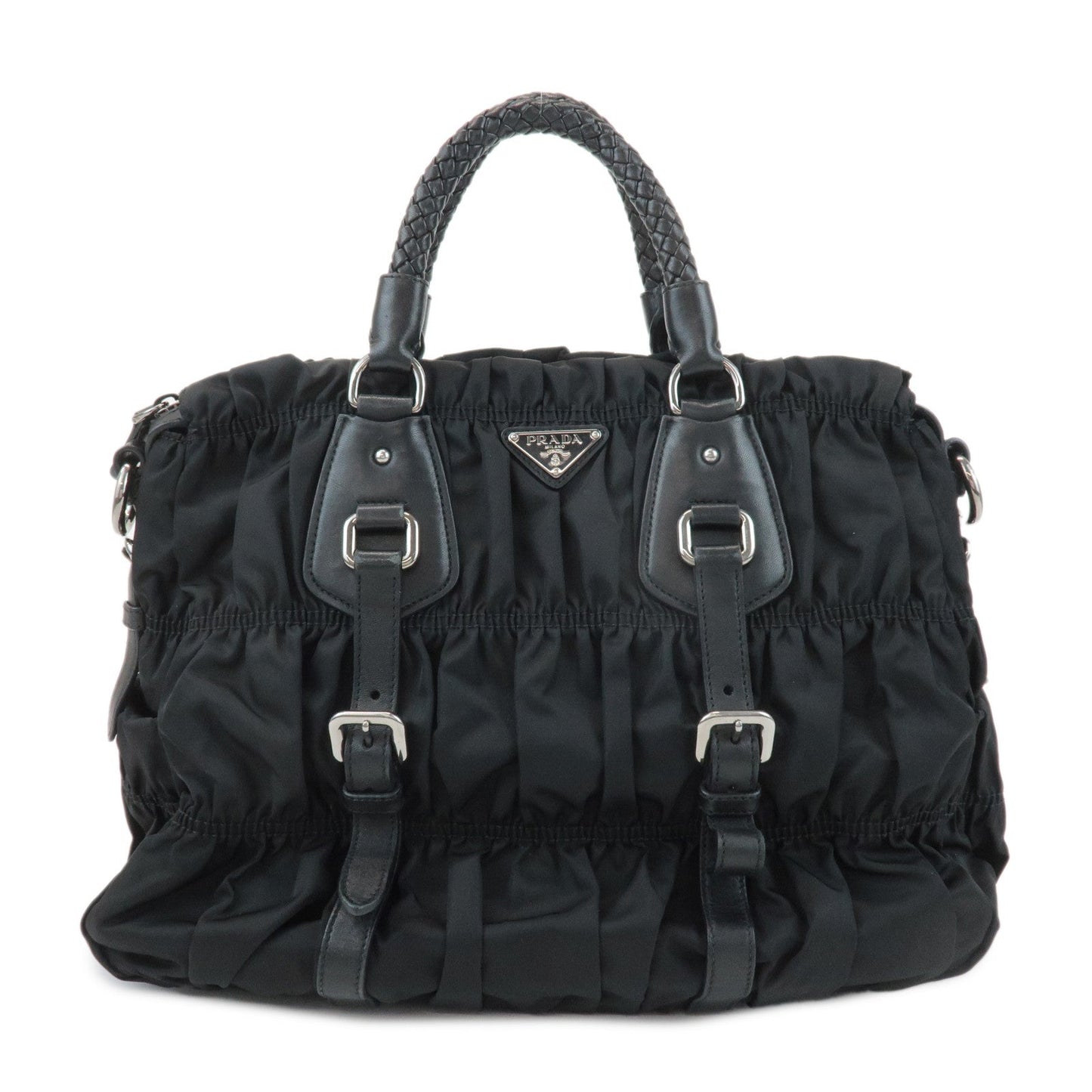 PRADA Logo Leather Gathered 2Way Hand Bag Black BN1336