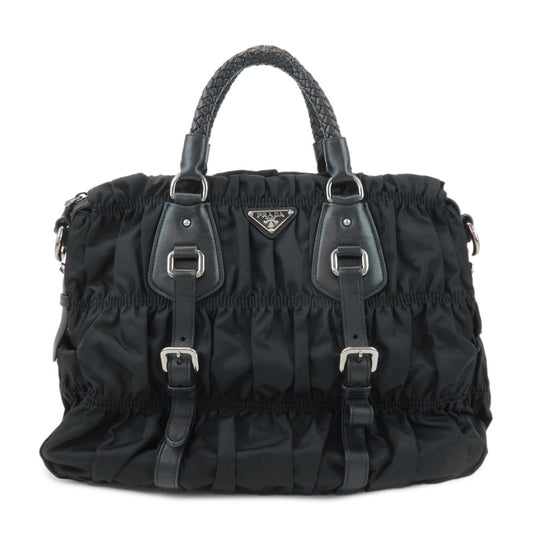 PRADA Logo Leather Gathered 2Way Hand Bag Black BN1336