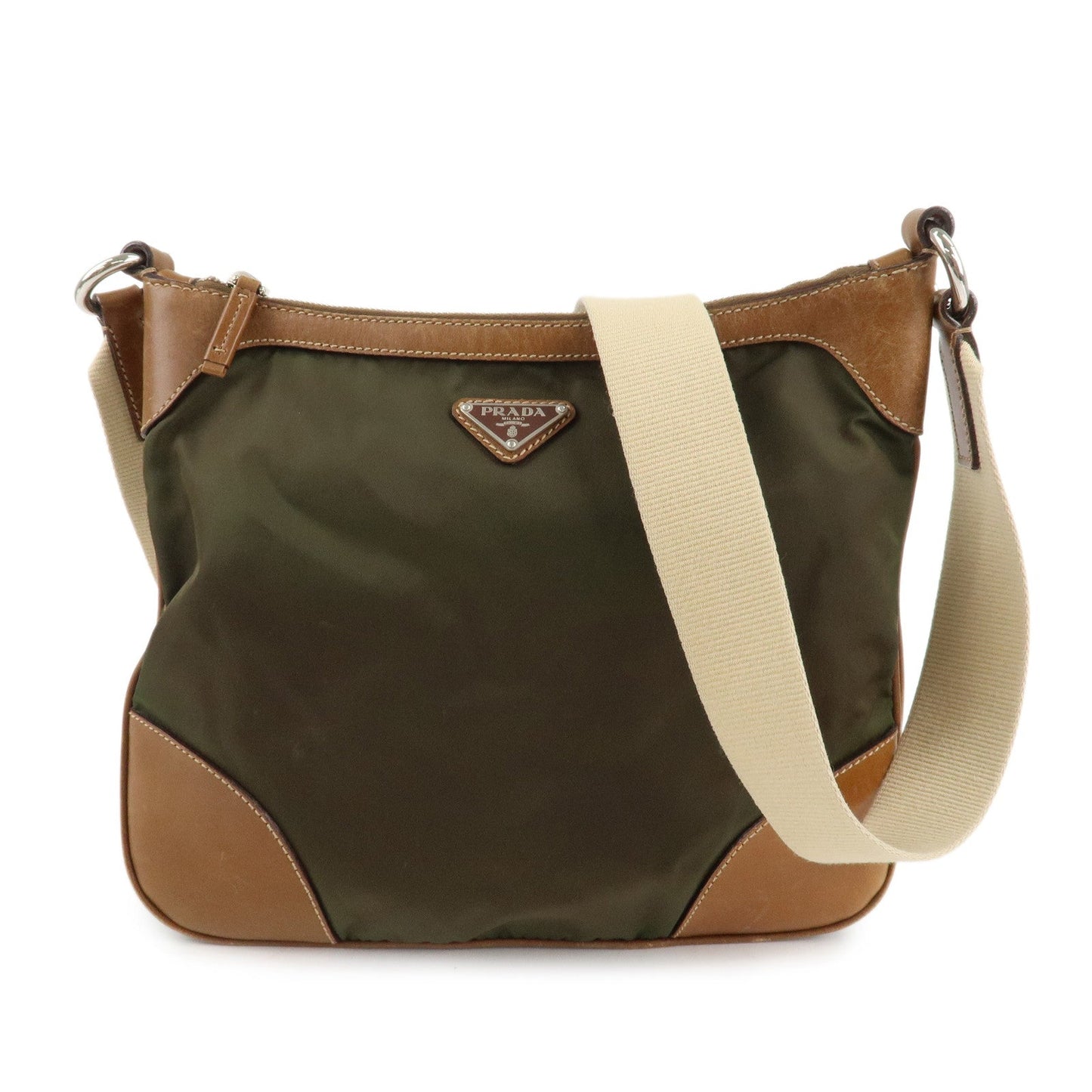 PRADA Nylon Leather Triangle Logo Shoulder Bag Khaki BT0507