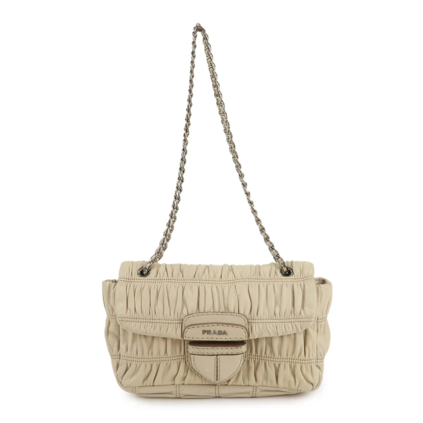 PRADA Leather Gathered Chain Shoulder Bag Ivory B4695C