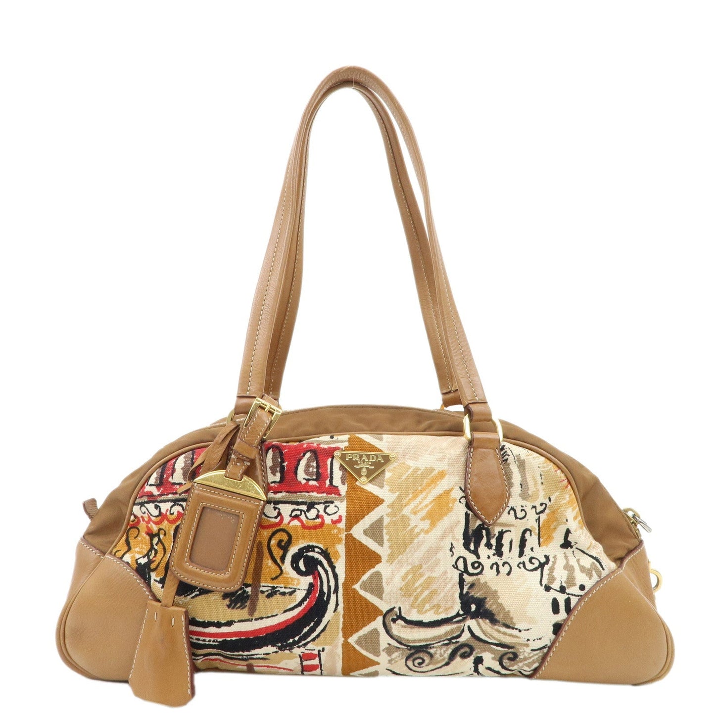 PRADA Logo Canvas Leather Nylon Shoulder Bag Boston Bag Brown