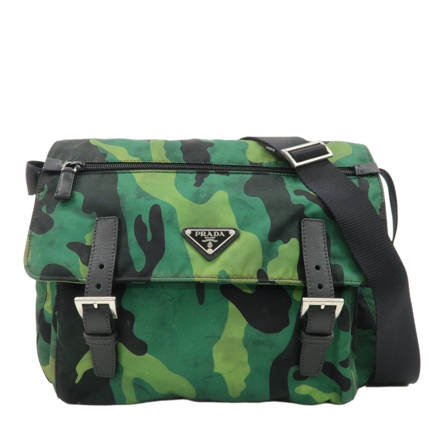 PRADA Logo Nylon Leather Camouflage Shoulder Bag Green Black