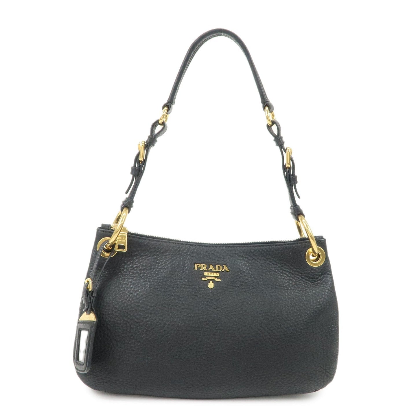 PRADA Logo Leather One-Shoulder Bag Hand Bag Black Gold Hardware