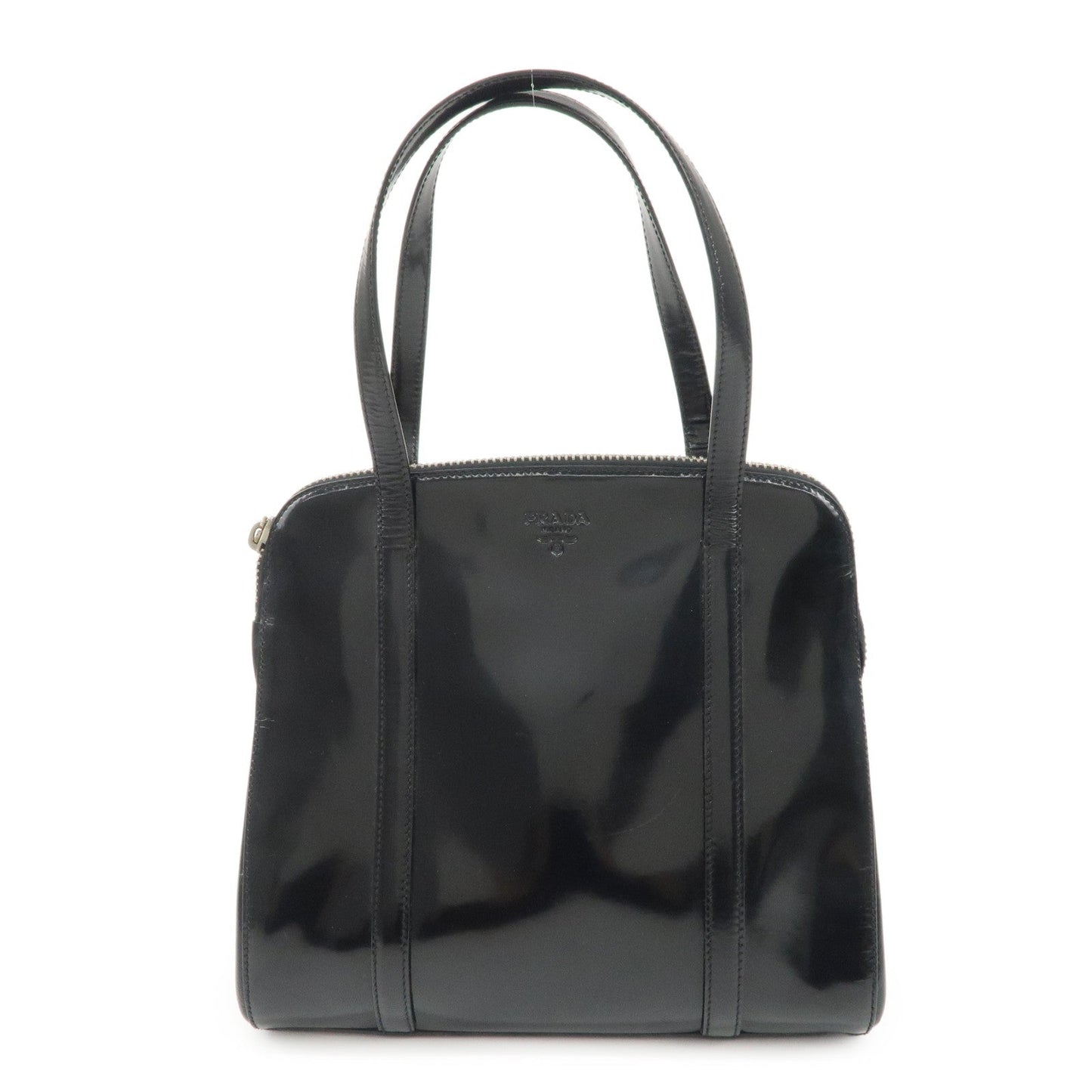 PRADA Patent Leather Tote Bag Hand Bag Black Silver HDW