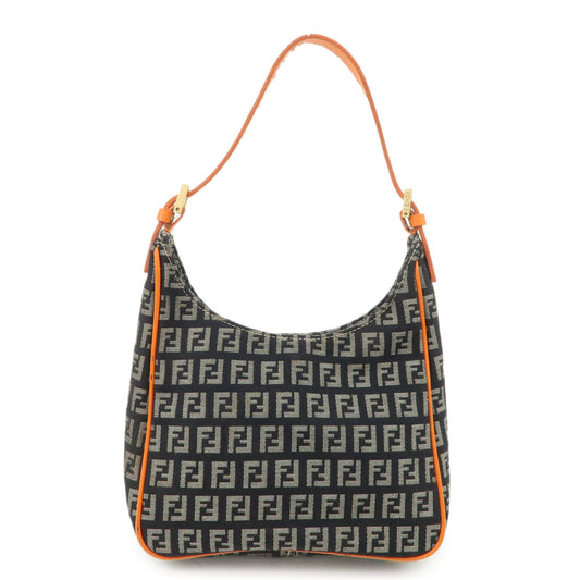 FENDI Zucchino Canvas Leather Shoulder Bag Black White 8BR157