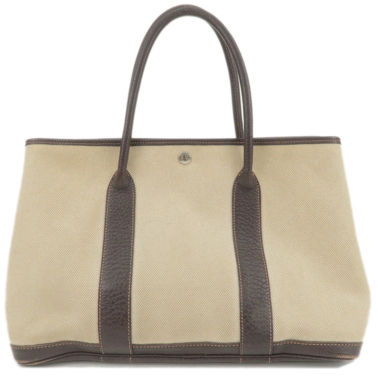 Luxury Hermes Canvas Leather Garden Party PM Tote Bag Beige G Stamp