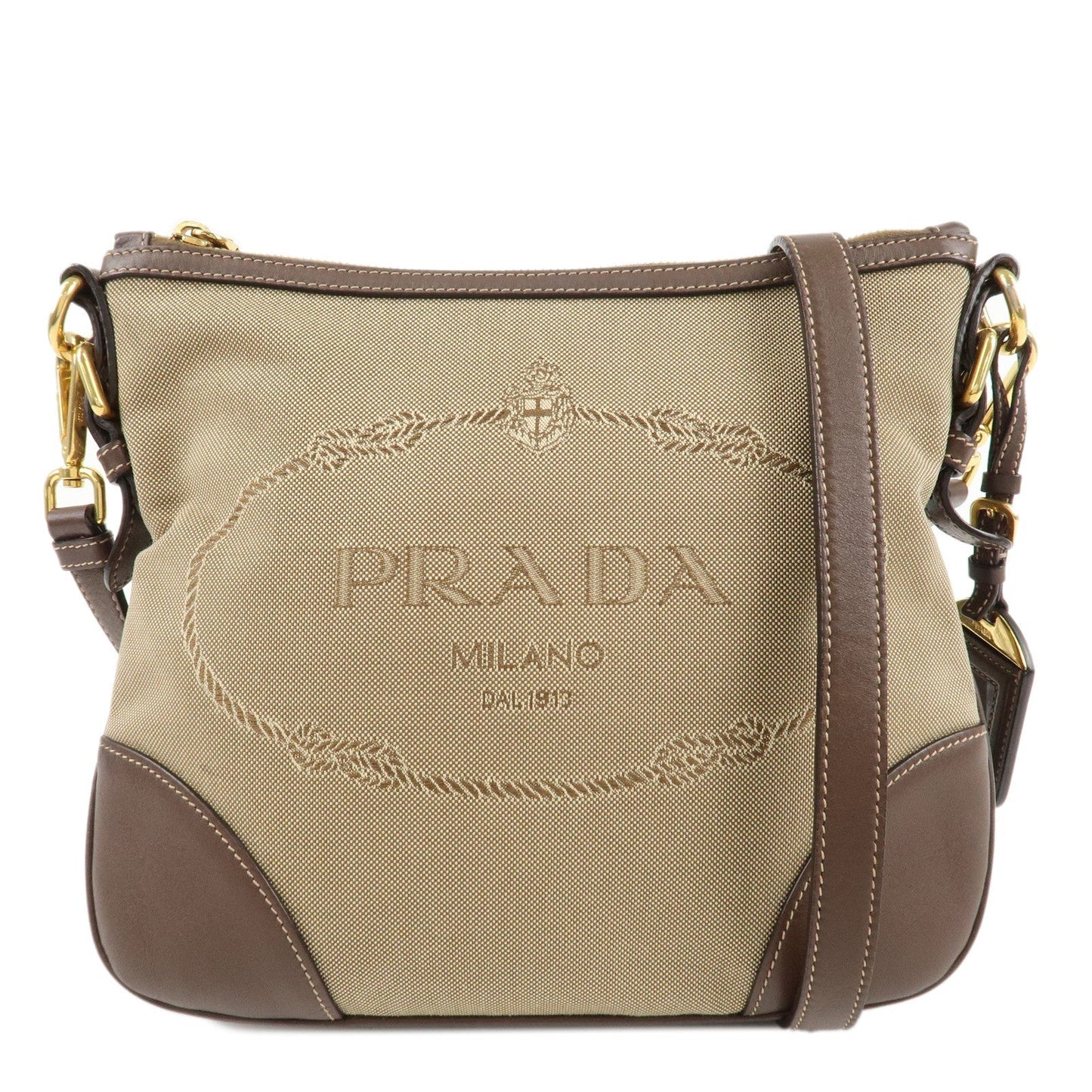 PRADA Jacquard Leather Shoulder Crossbody Bag Beige Brown BT867A