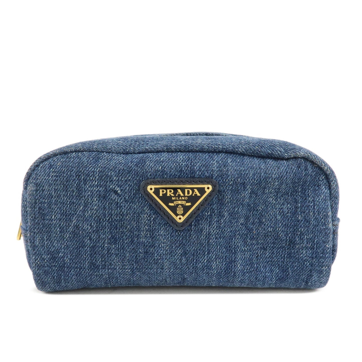 PRADA Triangle Logo Denim Pouch Cosmetic Pouch Blue