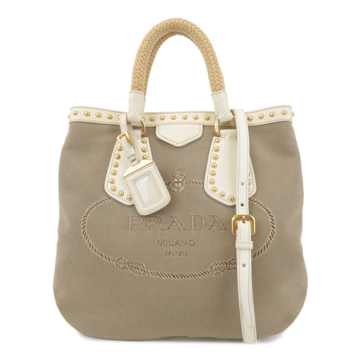 PRADA Canvas Leather 2WAY Logo Studs Hand Bag Beige BN1450