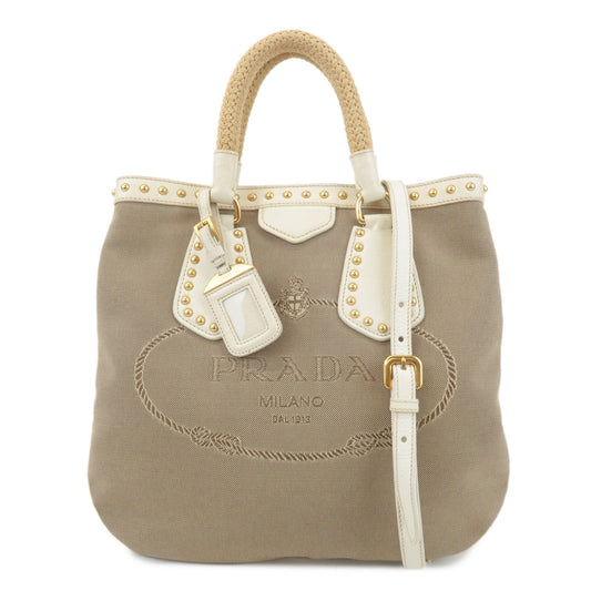 PRADA Canvas Leather 2WAY Logo Studs Hand Bag Beige BN1450