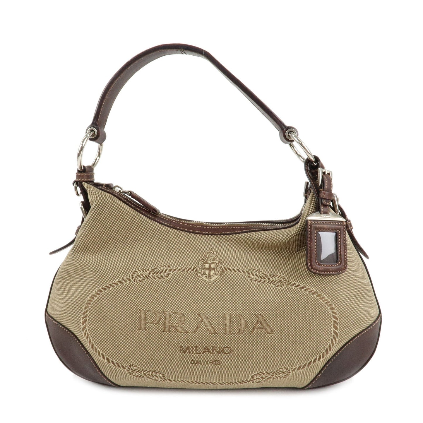 PRADA Logo Jacquard Leather Shoulder Bag Beige Brown