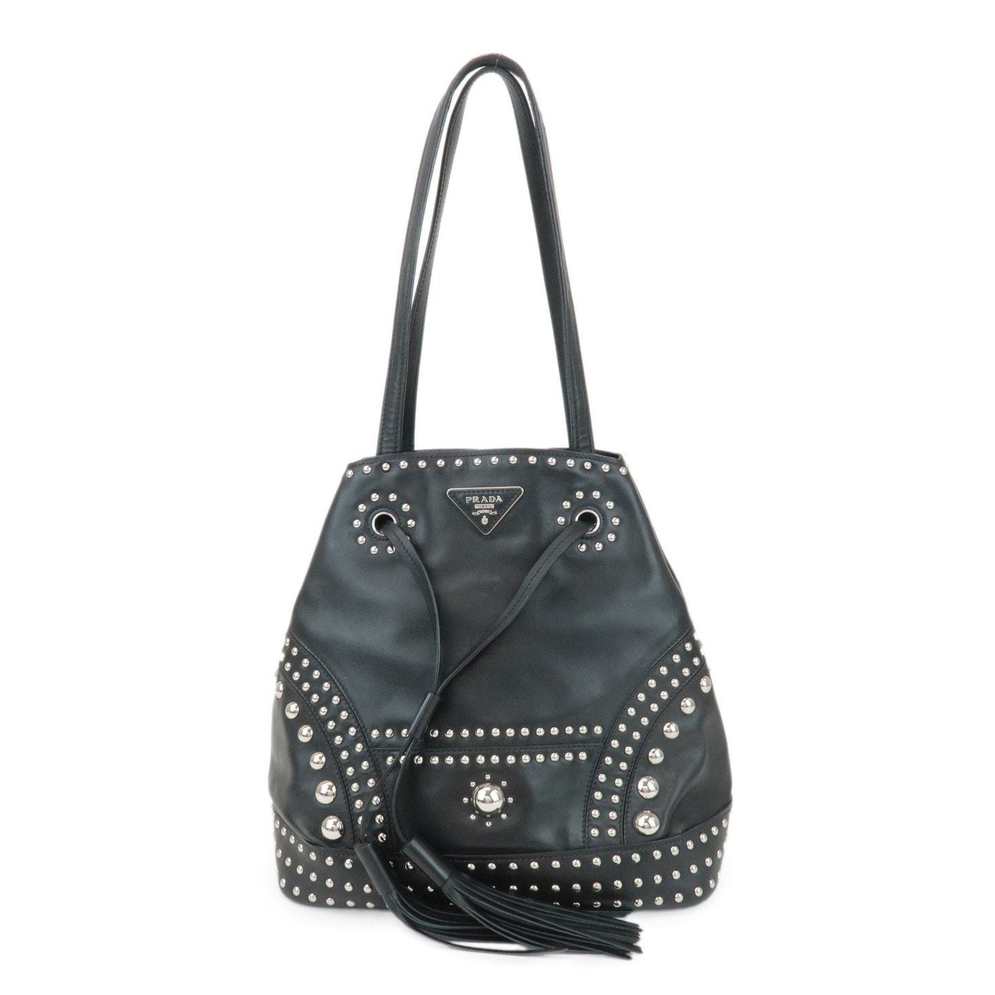 PRADA Calf Leather Drawstring Shoulder Bag Studs Tassel B5061M