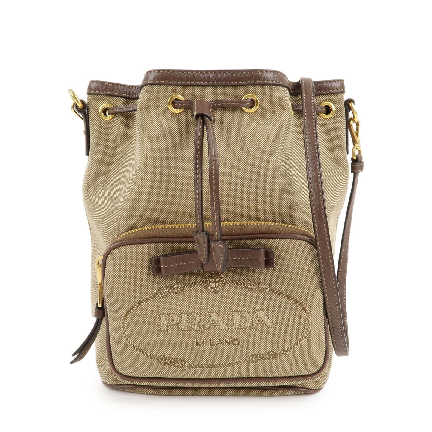 PRADA Logo Jacquard Leather Drawstring Shoulder Bag Beige 1BH038