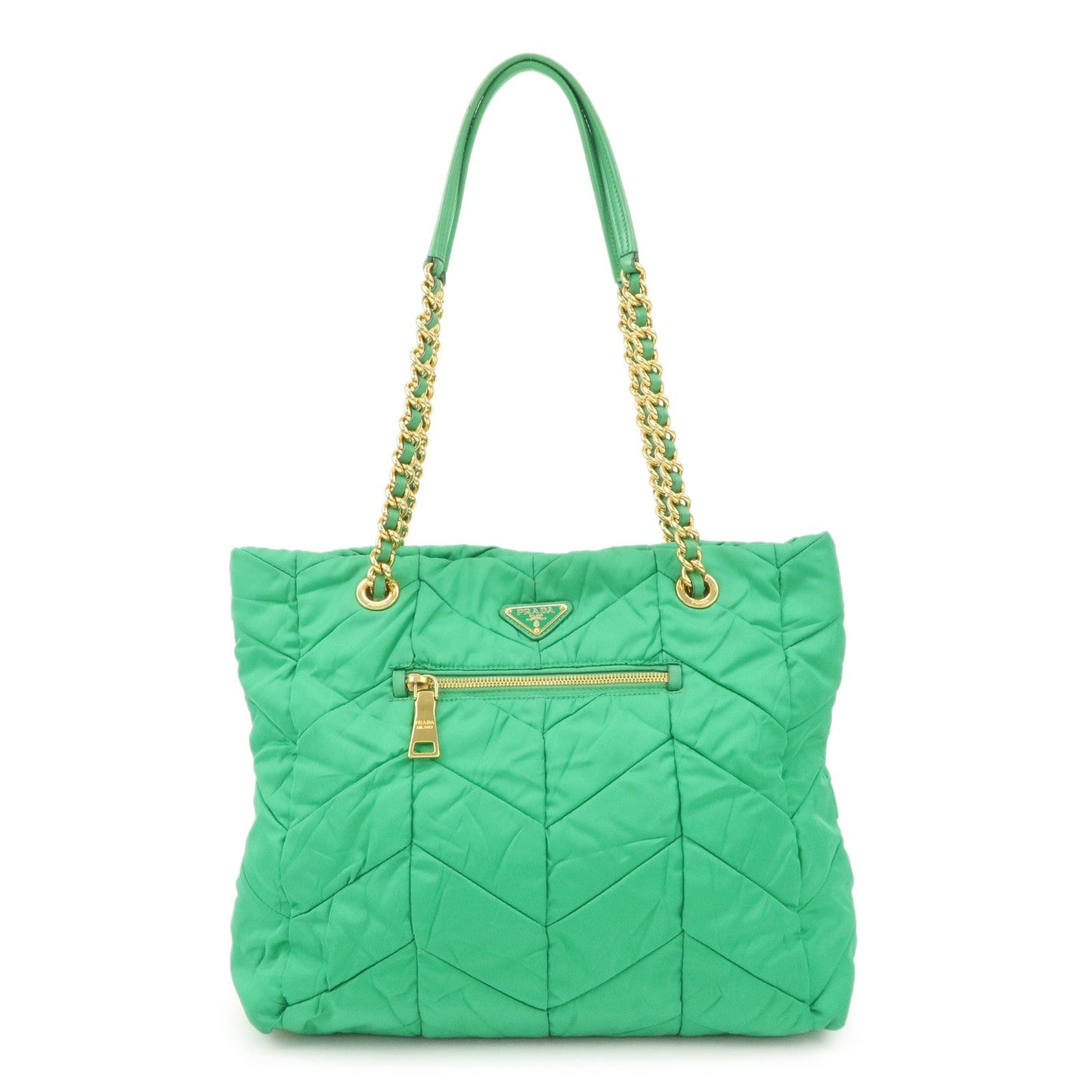 PRADA Triangle Logo Nylon Leather Chain Tote Bag Green BR4383