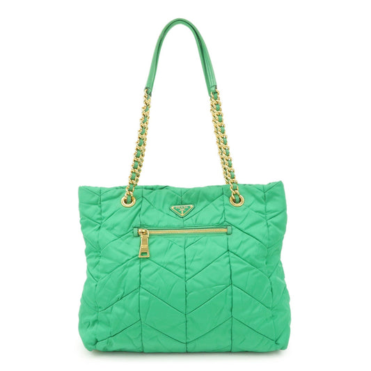 PRADA Triangle Logo Nylon Leather Chain Tote Bag Green BR4383
