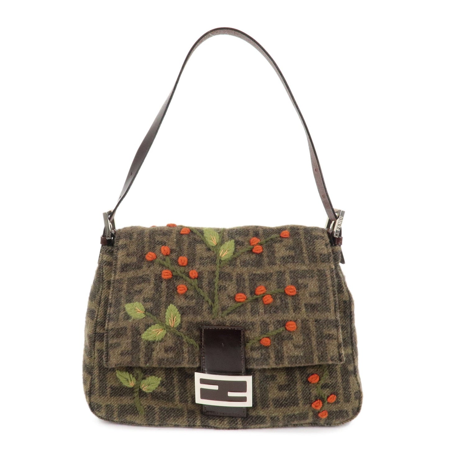FENDI Mamma Baguette Zucca Wool Leather Shoulder Bag Flower