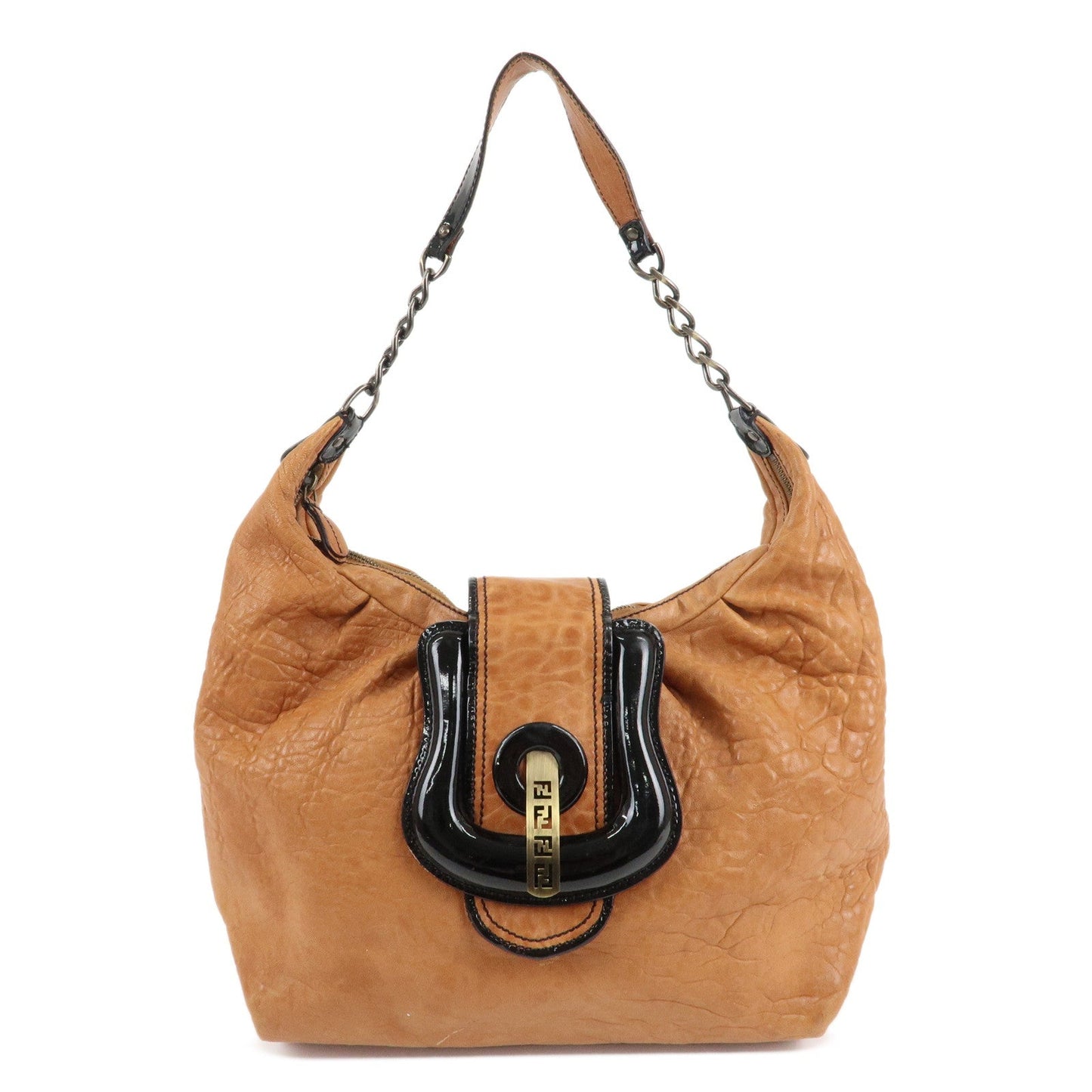 FENDI Leather Patent Leather Chain Shoulder Bag Brown 8BR563