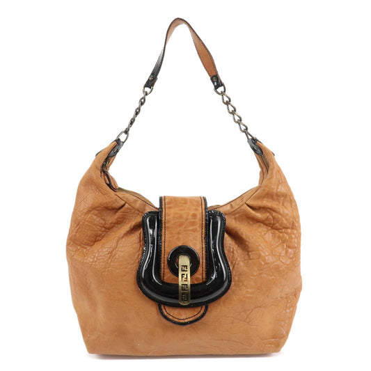 FENDI Leather Patent Leather Chain Shoulder Bag Brown 8BR563