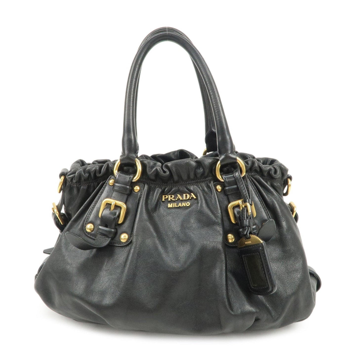PRADA Logo Leather Gathered Hand Bag Black Gold HDW BR4259
