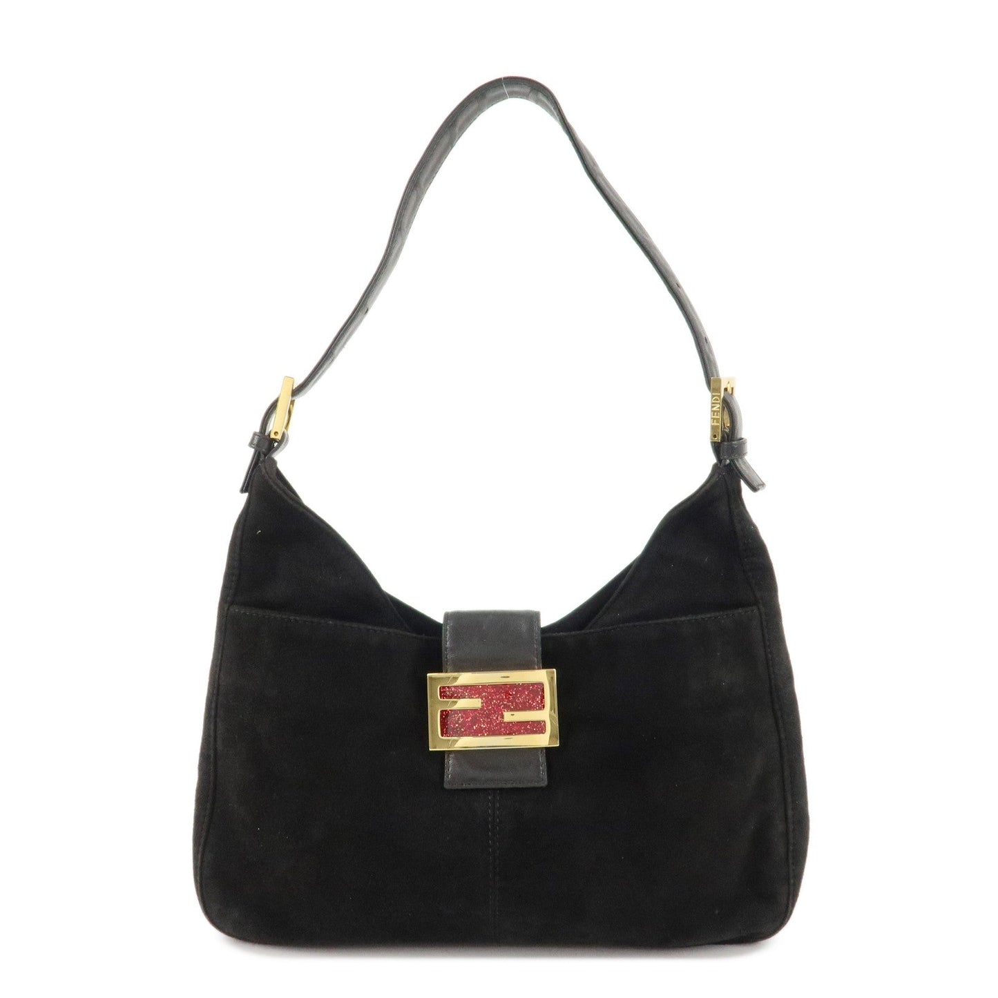 FENDI Suede Leather Shoulder Bag Black 26569
