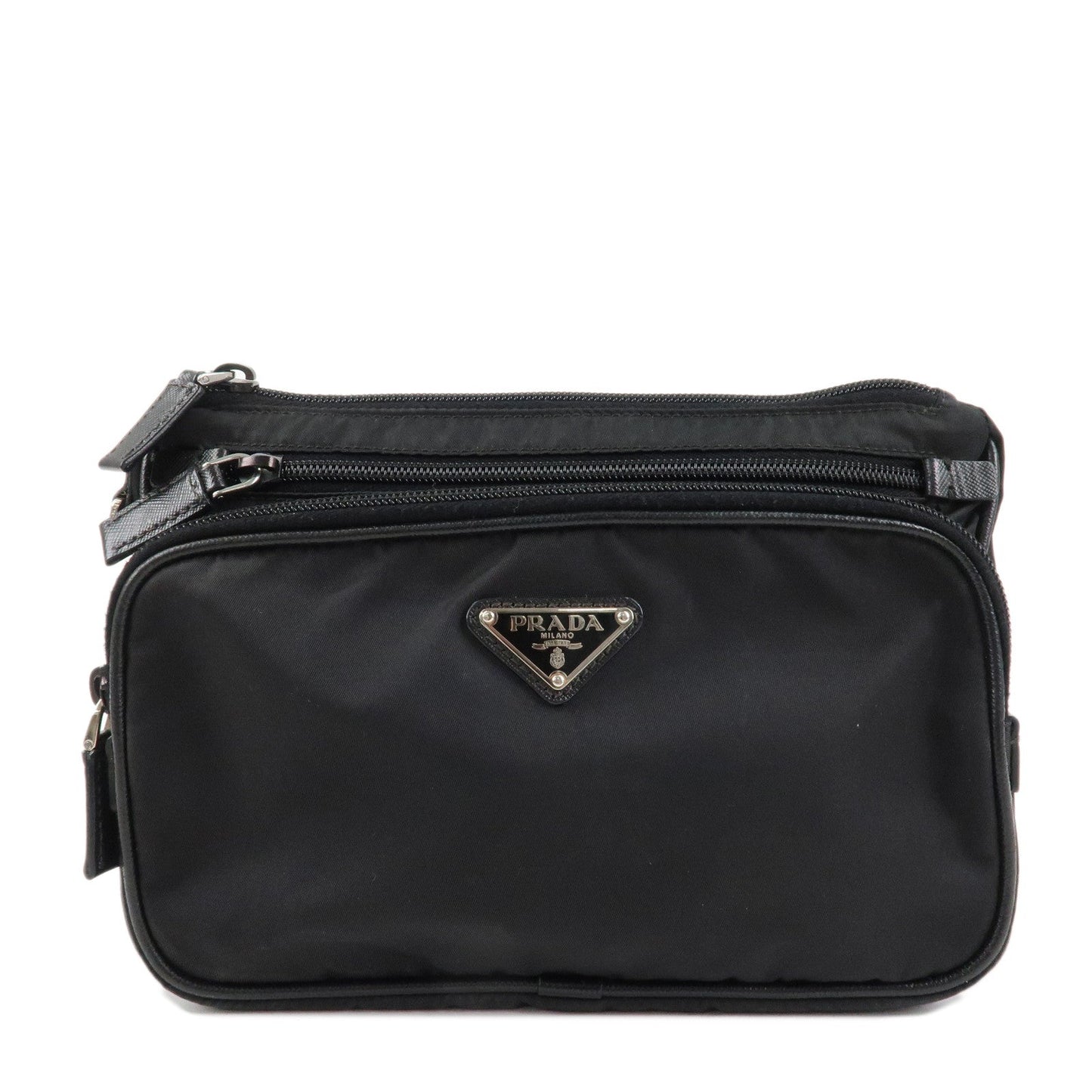 PRADA Logo Nylon Leather Clutch Bag Travel Pouch Black