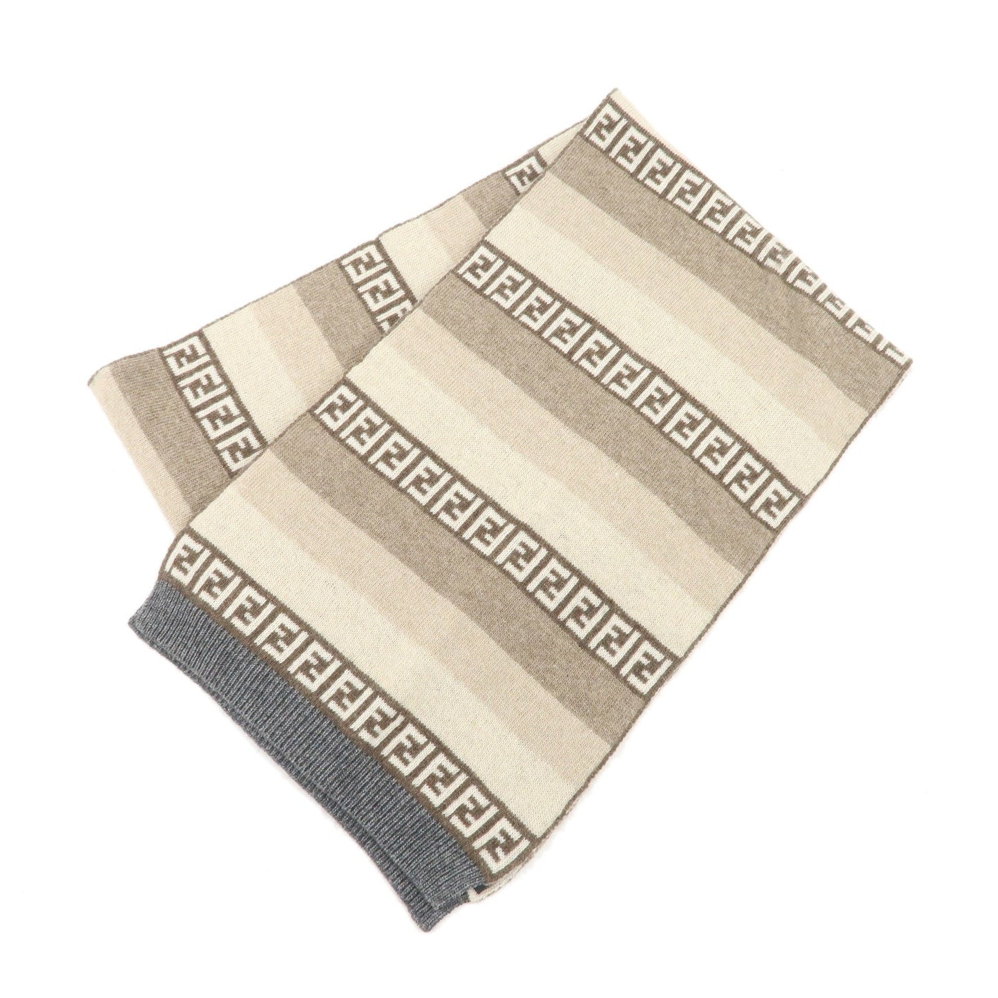 FENDI Logo Zucca Wool Viscose Nylon Cashimere Scarf Beige Brown