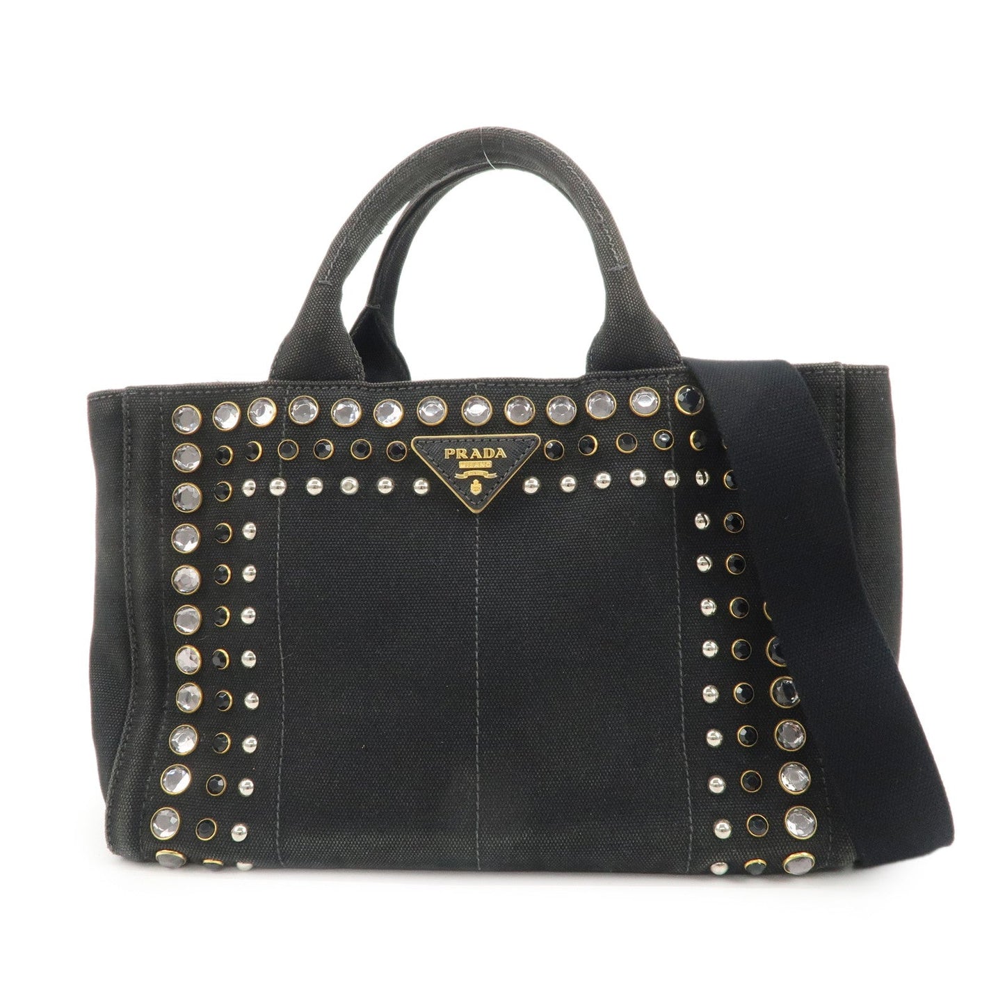 PRADA Mini Canapa Bijou Studs Canvas 2Way Bag Black B24390