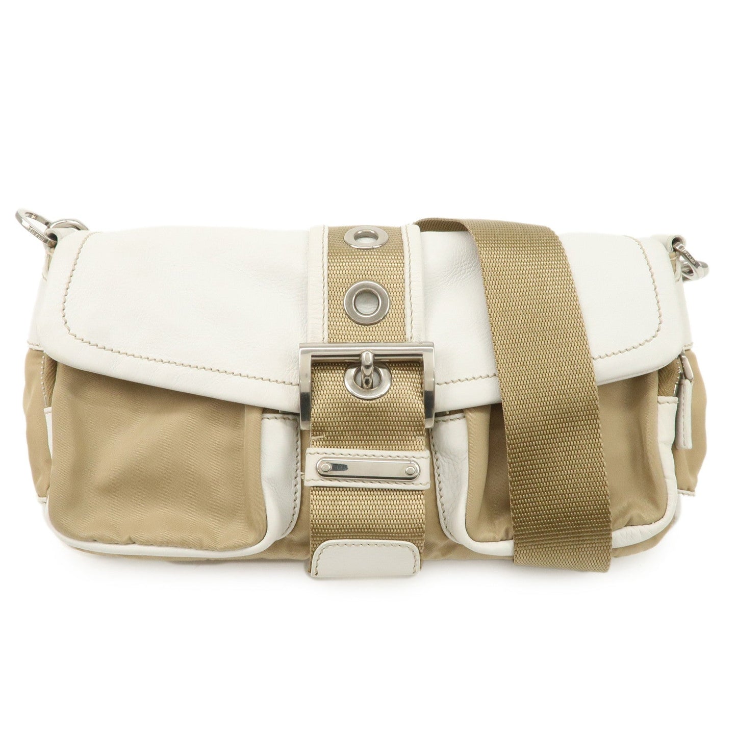 PRADA Nylon Leather Shoulder Bag Cross Body Bag White Beige BR2417