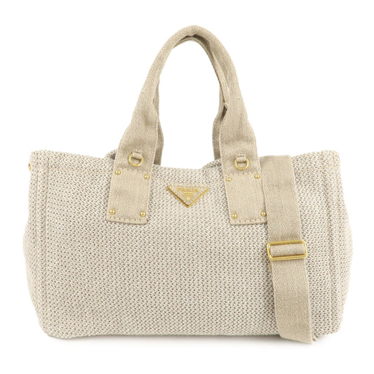 PRADA Logo Canapa Linen Canvas 2Way Tote Bag Shoulder Bag BN2038