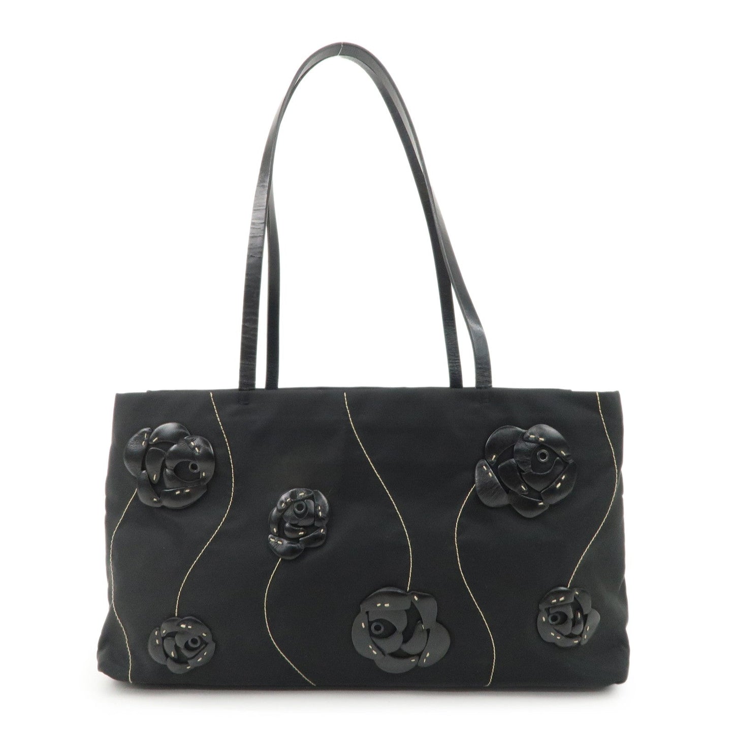 PRADA Traiangle Logo Nylon Leather Flower Tote Bag Black B11033