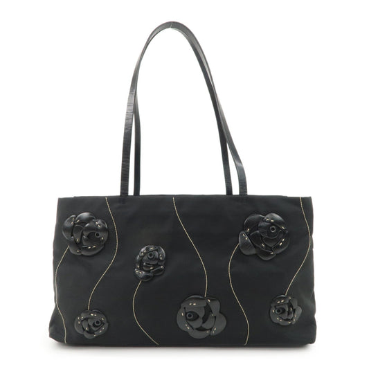 PRADA Traiangle Logo Nylon Leather Flower Tote Bag Black B11033
