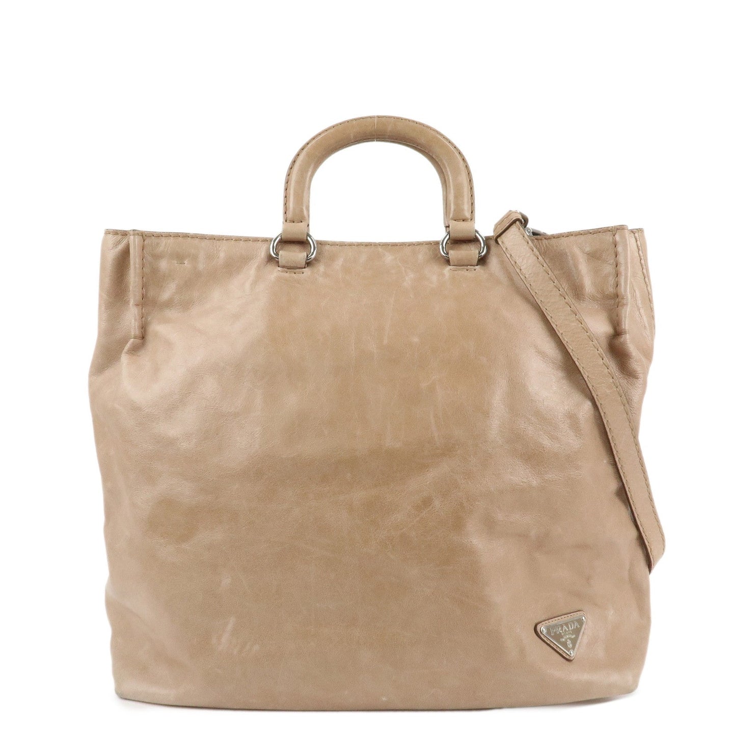 PRADA Logo Leather 2Way Bag Tote Bag Shoulder Bag Beige BR4617