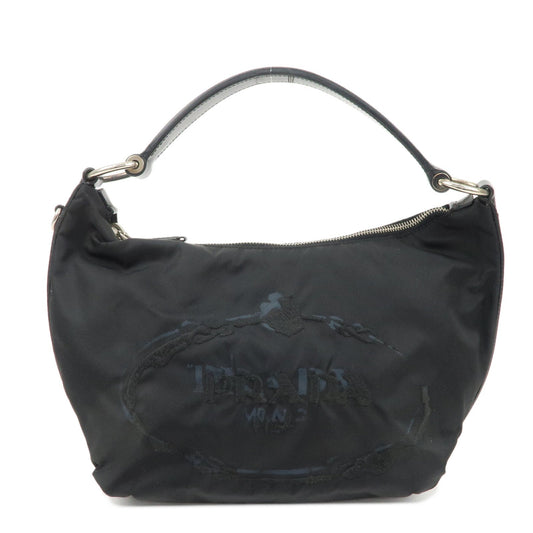 PRADA Nylon Leather Embroidery Shoulder Bag Hand Bag Black